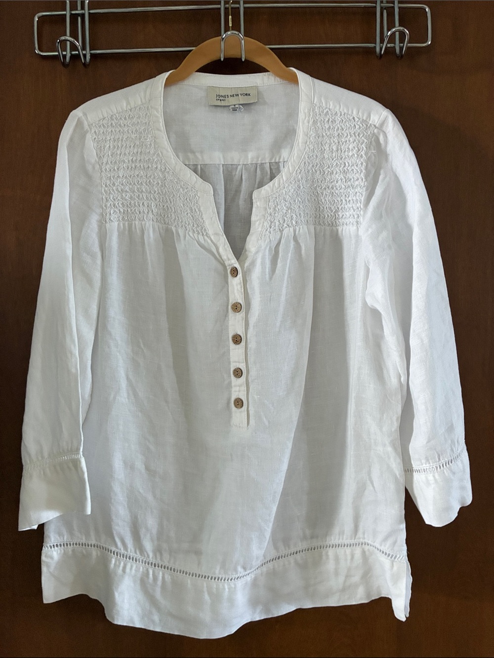 Jones New York White Linen Smocked Henley Tunic 3/4 sleeve size Small S